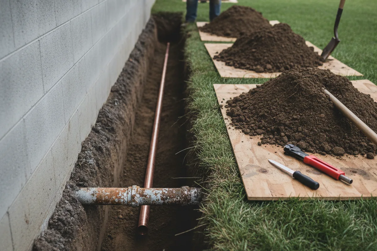 Excavated water line trench during Sewer Line Repair in Cornelius